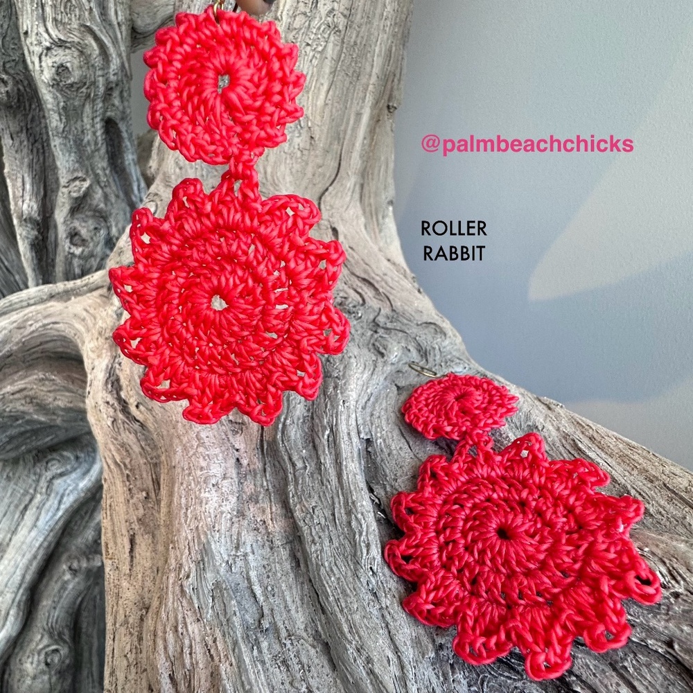 ROLLER RABBIT jewelry handcrafted macrame wax protecting earrings shown in RED
